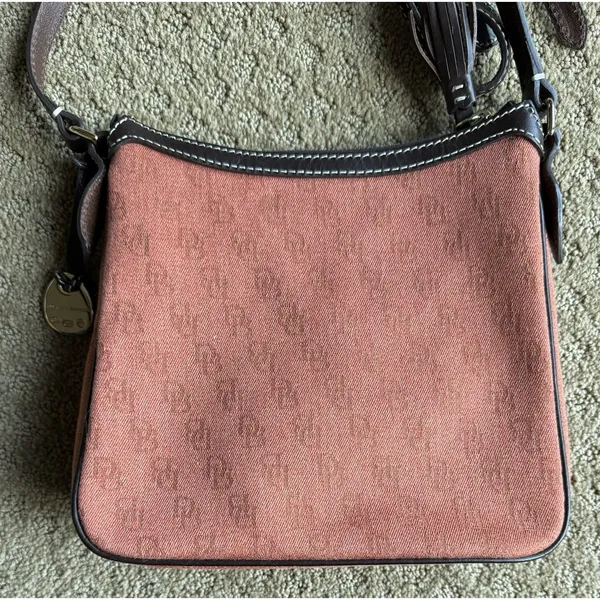 Dooney & Bourke Crossbody Handbag Logo Fabric Classic Orange‎ Dark Brown Leather - Image 3