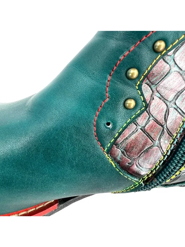 Boho Lagenlook Festival Teal Leather Ankle Boots Snake Print Stud Detail Size 42 - Image 9
