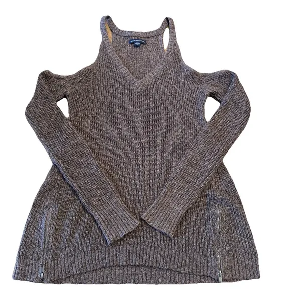 American Eagle Women's Cold Shoulder Brown Knit Sweater Zipper‎ Detailing Sz SM - Image 3