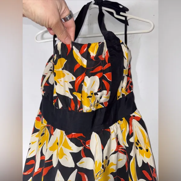 Moulinette Soeurs* Black & Yellow Small Silk Floral‎ Print Halter Neck A-Line 8 - Image 2