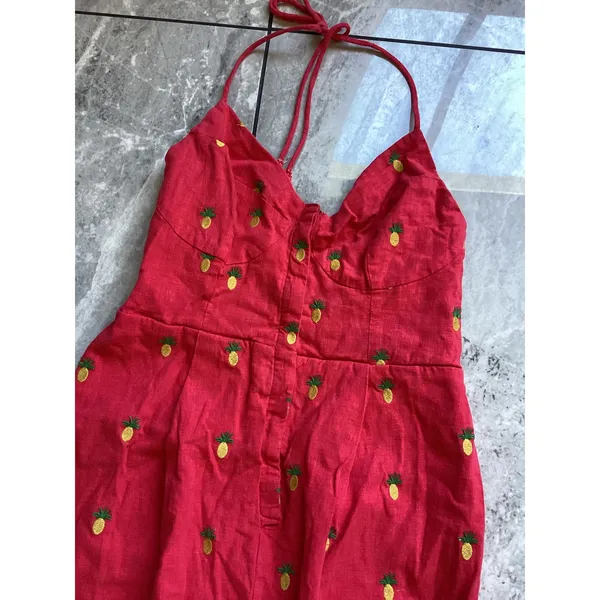 Farm Rio Red Embroidered Pineapple Halter Jumpsuit Linen Blend XS SN 294030 - Image 2