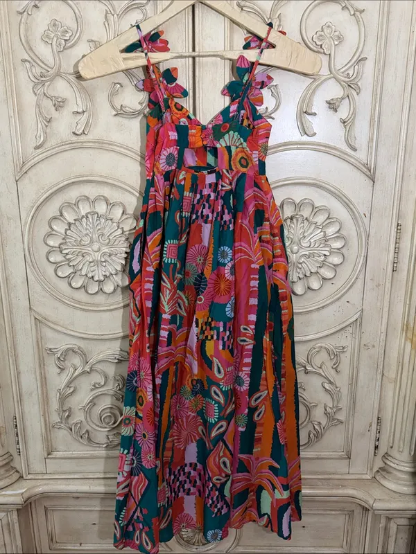 Farm Rio x Anthropologie Pleated Tropical Palm Midi Dress Size XXSmall - Image 11
