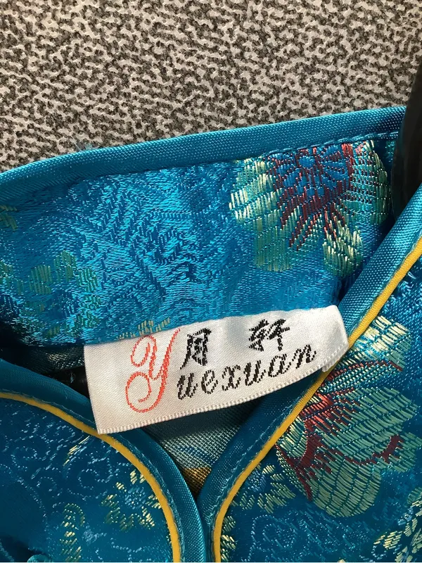Yuexuan Qipao Dress Shanghai Style Blue Gold Floral Satin Mandarin Collar Y2K - Image 3