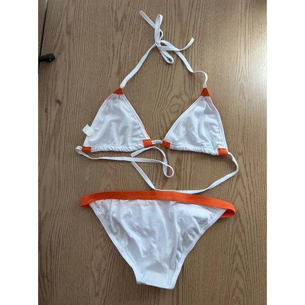 B45 New Women’s AMI Sexy 2Pc White Orange String Bikini Low Rise Medium/Large - Image 3