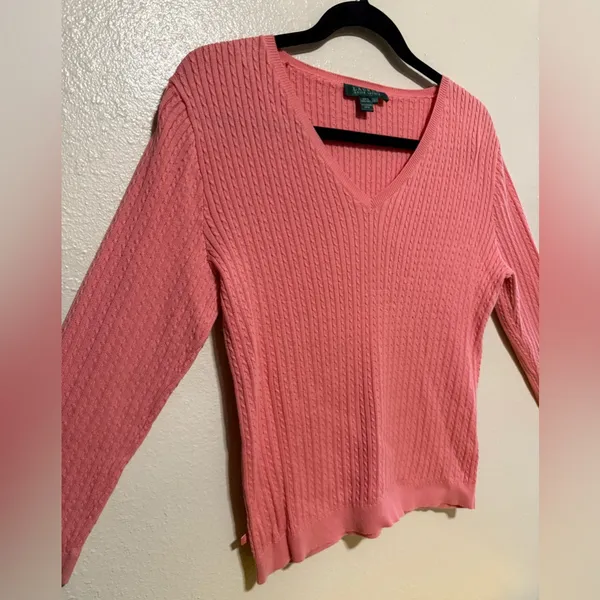 Lauren Ralph Lauren Pink Cotton V-Neck Knit Sweater Women’s Large Preppy - Image 3