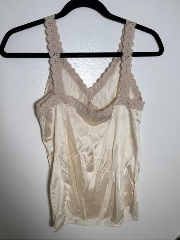 Source Unknown Vintage Silky Lace-Trim Cami Tank - Cream Small Bombshell Hollywood Glamour - Image 4