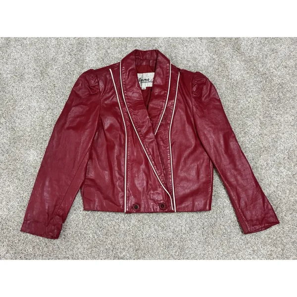 Vintage 80s Wilsons Red Genuine Leather Puff Sleeve Cropped Jacket Size 12 - Image 5