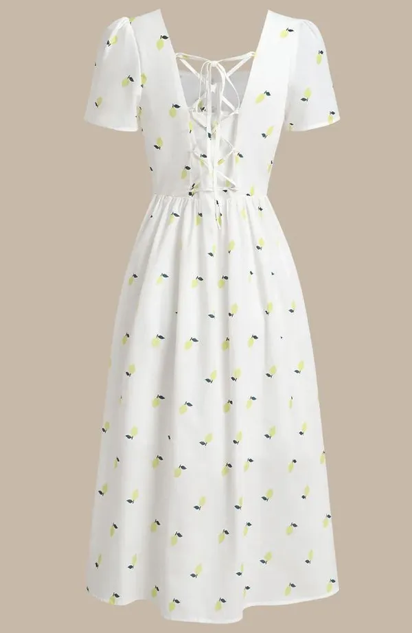 Rihoas White Lemon Fruit Square Neck Midi Dress - Image 6