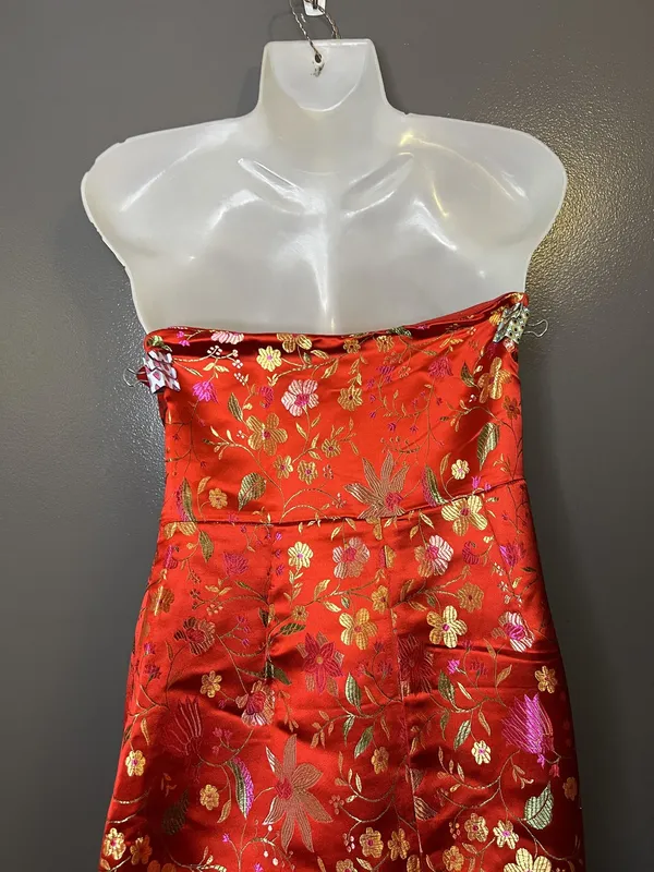 Lulus Dress Womens Medium Red Floral Jacquard Strapless Sheath Maxi Side Slit - Image 7