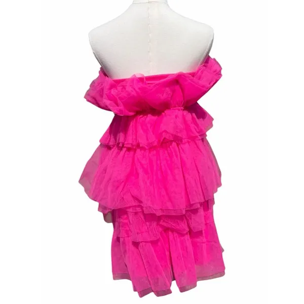 Thirty Thirty LA Strapless Mini Dress Women’s XS Hot Pink Tiered Tulle Ruffle - Image 3