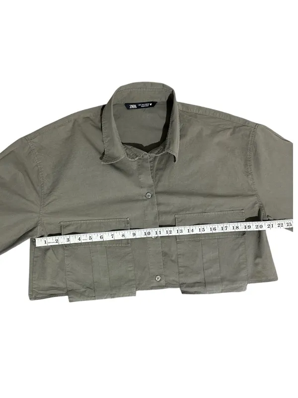 Zara Olive Green Utility Cargo Cropped Button Down Shirt L Large Shacket - Image 5
