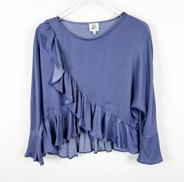 Anthropologie dRA Satin Ruffle Blouse L Blue - Image 2