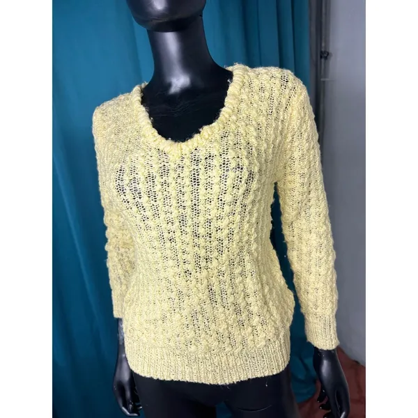 Mister Noah Vintage Yellow V-Neck Textured Knit Sweater Cozy Retro Pullover M - Image 3