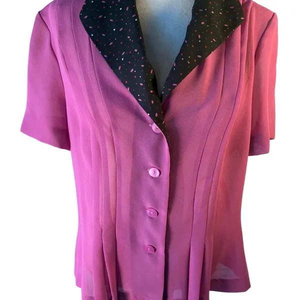 Vintage Danny & Nicole Pink sheer button up blouse black collar pink polka dots - Image 2