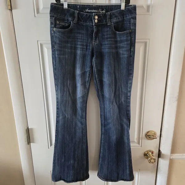 American Eagle Artist Flare Jeans Womens 8 Blue Low Rise Stretch Dark Wash Y2K - Image 8