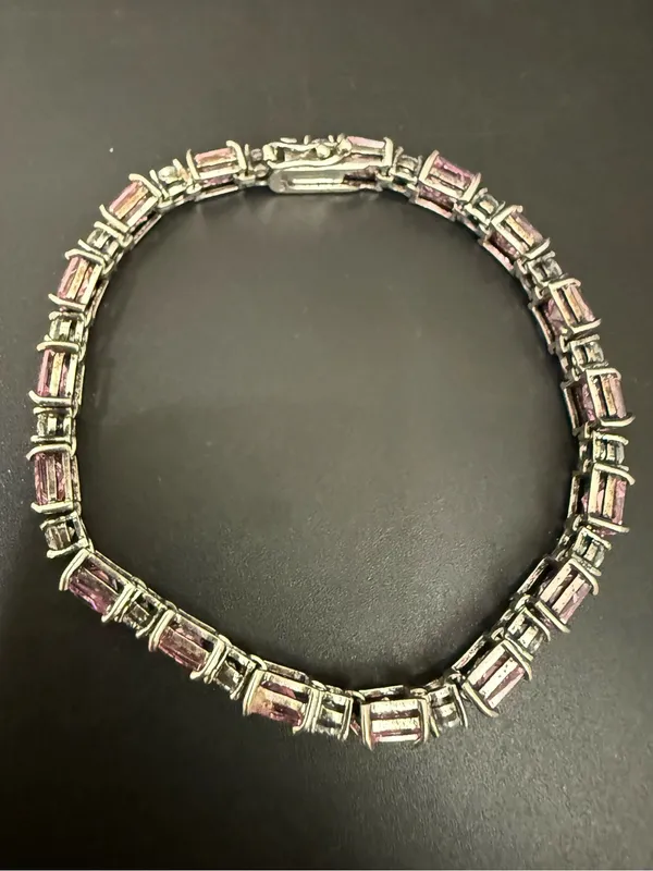 Vintage 925 Sterling Silver Princess Cut Pink CZ & Clear Round Tennis Bracelet - Image 5