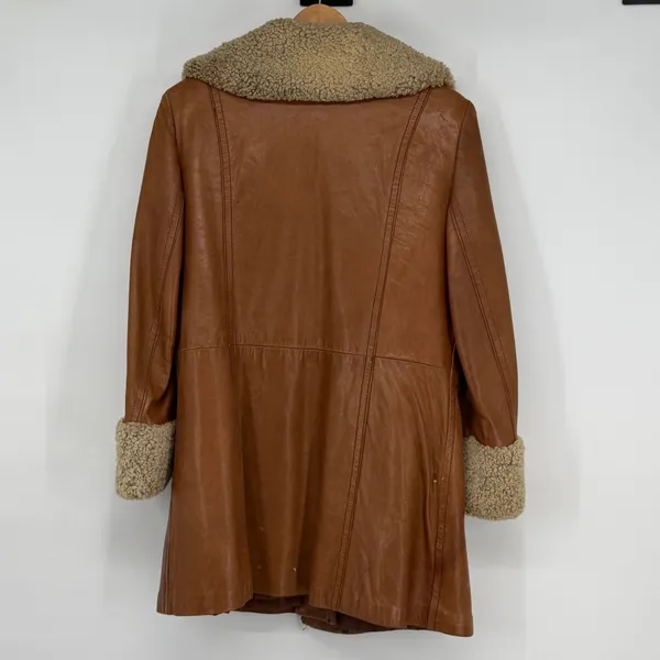 Vintage Leather Shearling Collar Penny Lane‎ Coat Brown Belted Distressed - Image 2