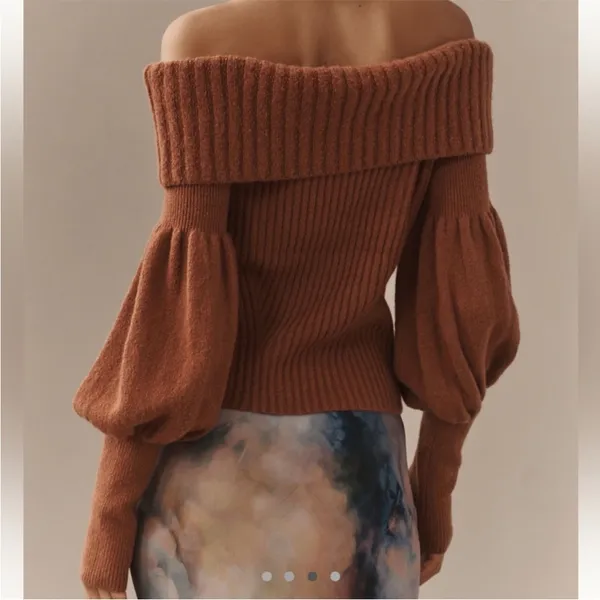 ANTHROPOLOGIE The Tessa Off The Shoulder Puff Sleeve Sweater Mauve NEW - Image 3