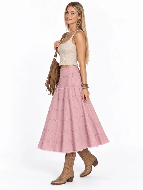 Metro Girl Pink Corduroy Tiered Midi Skirt Y2K Balletcore Raw Hem Size 10 Pastel - Image 2