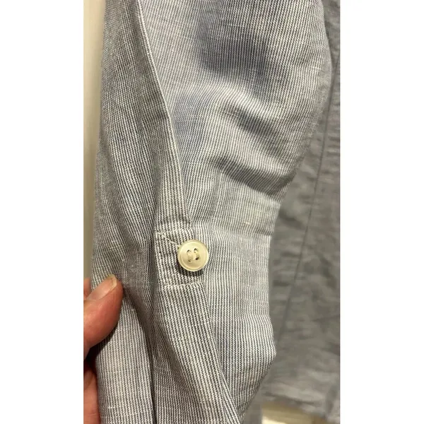 H&M Women Blue White Striped Linen‎ Cotton Button Down Roll Tab Shirt Size 14 - Image 6