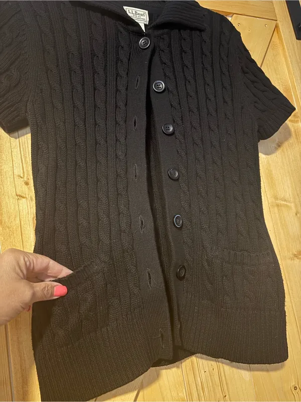 L.L. Bean Black Cable Knit Short Sleeve 100% Cotton Cardigan‎ Sweater Small - Image 10