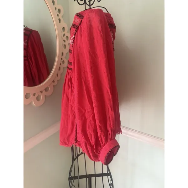 FREE‎ PEOPLE Cyprus Avenue Embroidery Red Boho Long Sleeve Top Sz XS Cottagecore - Image 5