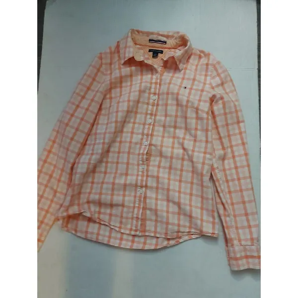 Tommy Hilfiger Plaid Orange/White Button Down Shirt M Classic Preppy Academia - Image 3