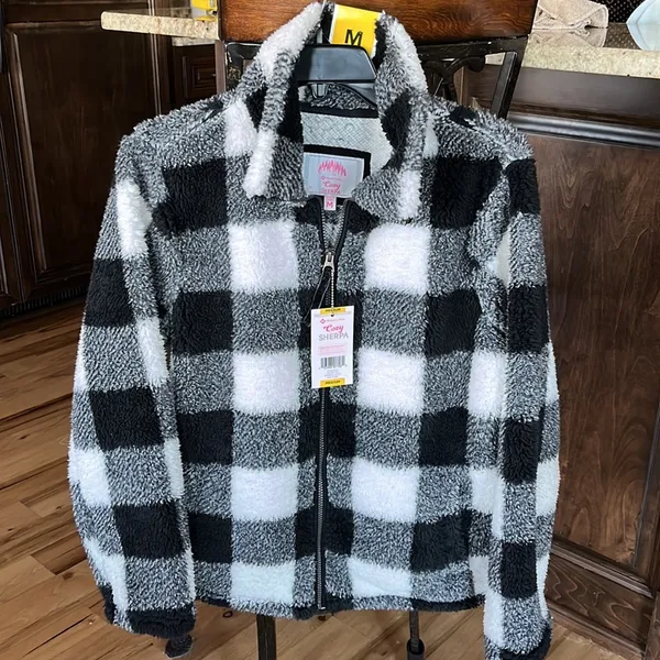 Sherpa Cozy Jacket Fluffy Zip Black White Buffalo Checkerboard Comfy Womens M - Image 6