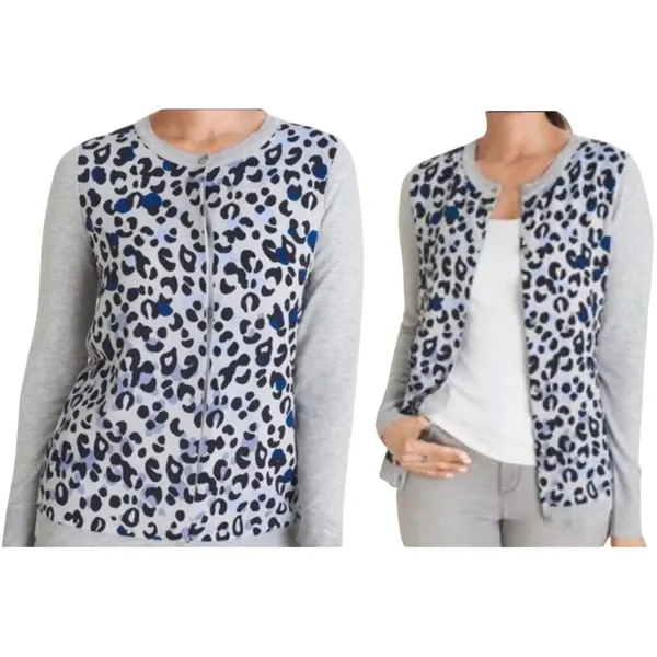 Chico's Grey Blue Leopard‎ Print Mixed Media Button Front Cardigan Sweater M - Image 10