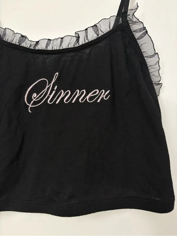 Dolls kill Sugar Thrillz Black Ruffle-Trim 'Sinner' Embroidered Cami - Image 3