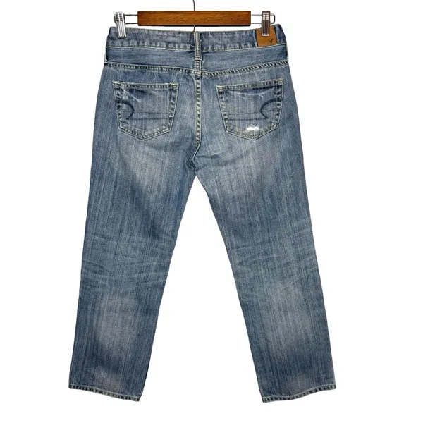 Y2K American Eagle 00 Boy Fit Cropped Low Rise Jeans Blue Distressed Denim Capri - Image 3