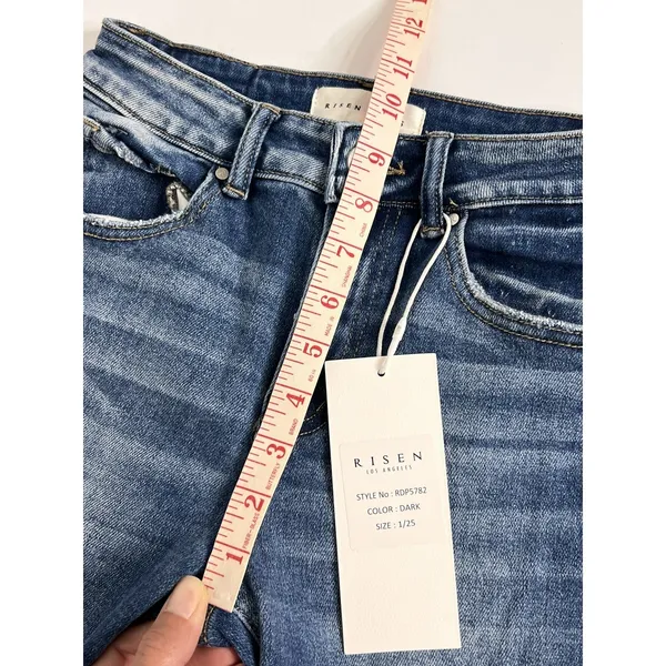 RISEN Cuffed Jeans Dark Wash Blue Straight Leg Stretch Denim Size 1 / 25 - Image 9