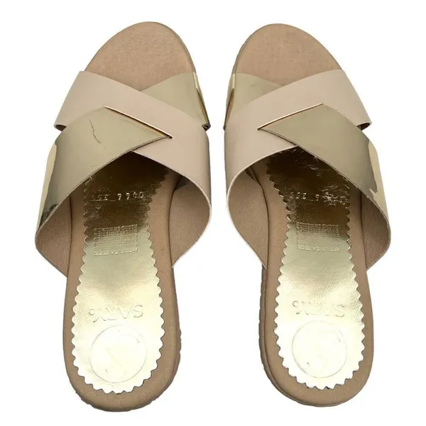 Sary Metallic Gold and Beige Tan Open Toe Wide Strap Slide Sandal Size 7 - Image 9