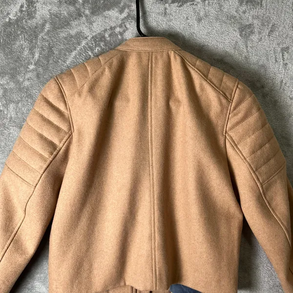 GAP Camel Wool Blend Moto Jacket Quilted Shoulder Zip‎ Front Biker Chic Small - Image 3
