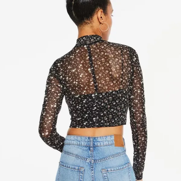 Aeropostale‎ Womens Small Floral Sheer Mesh Mock Neck Crop Top Whimsigoth - Image 6