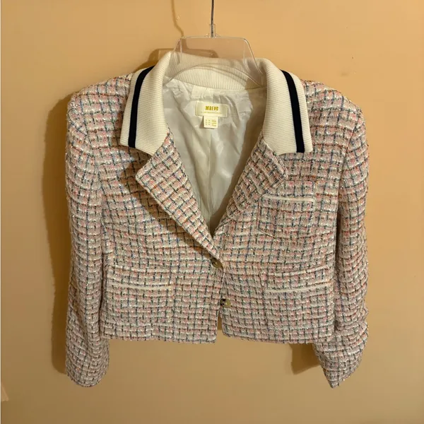 Anthropologie Maeve Pink & White Boucle Tweed Cropped Blazer - Image 4