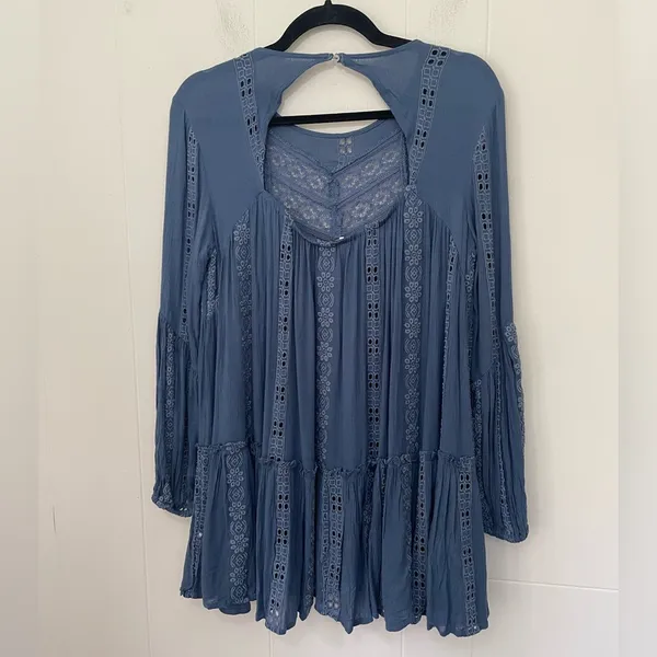 Free People Kiss Kiss Tunic Embroidered Lace Blue Long Sleeve Dress Women’s XS - Image 2