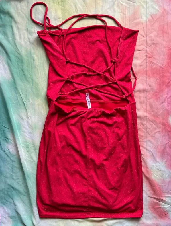 Lucy in the Sky Red Shimmer Criss-Cross Back Cowl Neck Bodycon Minidress - Image 3