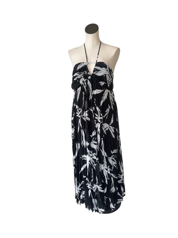 NWT White House Black Market halter Neck Pleated Maxi Dress Black White 4 - Image 7