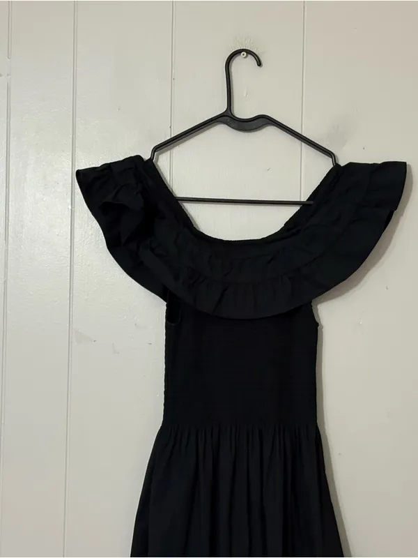 Hill House Home Akilah Nap Dress Black XXS Smocked Midi Off Shoulder Ruffle - Image 5