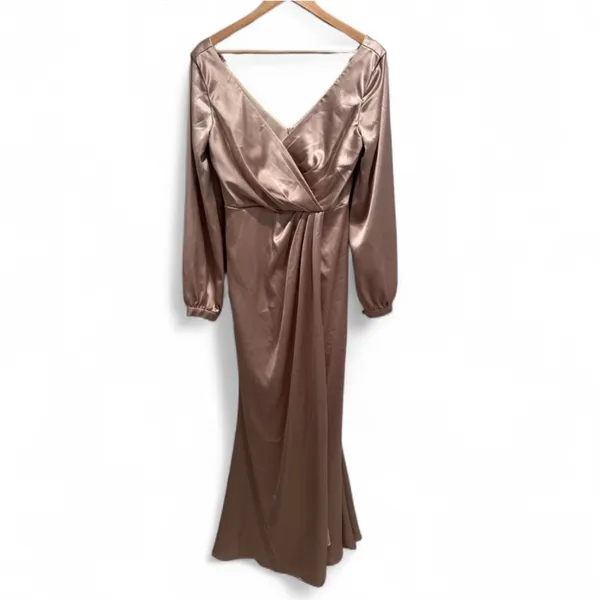 Revelry Vera Satin Bridesmaid Dress Long Sleeve Champagne Taupe Sz 8 Formal Gown - Image 2