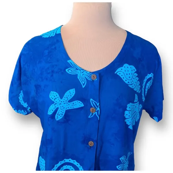 Blue Batik Tropical Shell Starfish Rayon Button Front Top Coastal Nautical Beach - Image 2