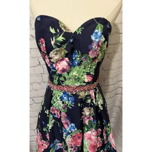 Morilee prom dress Floral navy blue strapless mini dress With Sequin Accents 10 - Image 3
