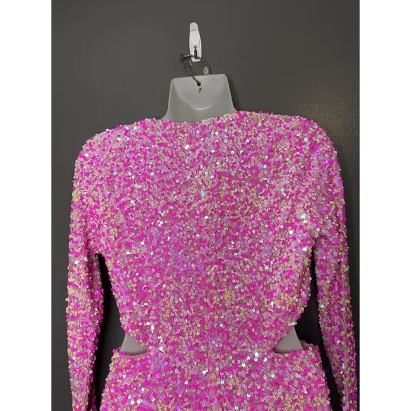 Petal + Pup Dress Womens Medium Pink Sequin Cutout V Neck Bodycon Mini Party - Image 6