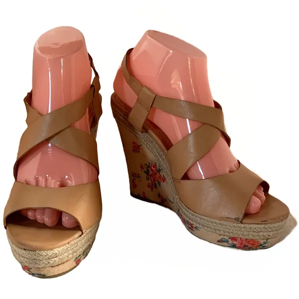 Jessica Simpson "Jp Mason" Brown Faux Leather & Floral Print Wedge Sandals (8) - Image 5