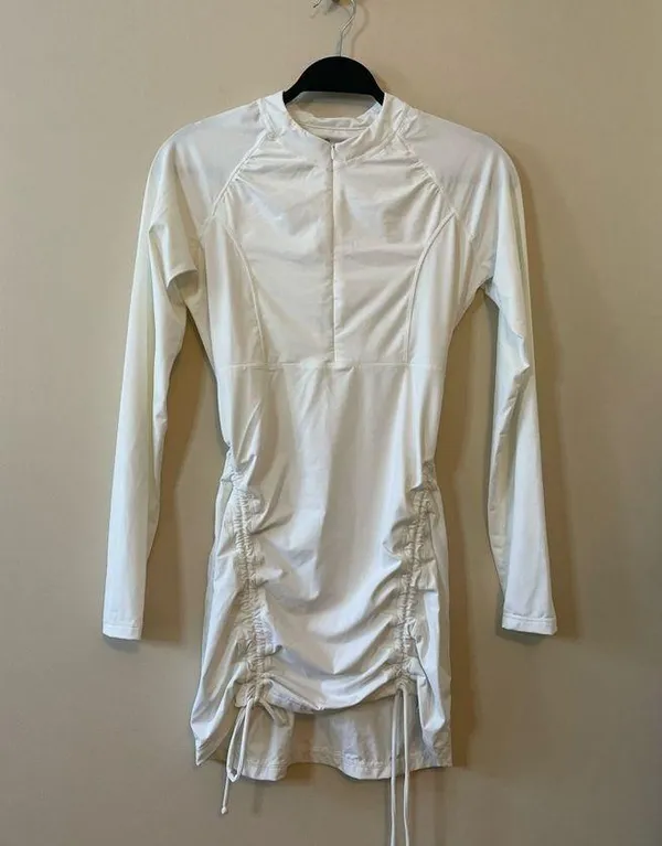 ATHLETA Tidal Ruched Long Sleeve Rash Guard Swim Cover Up Tunic Dress Size S - Image 4