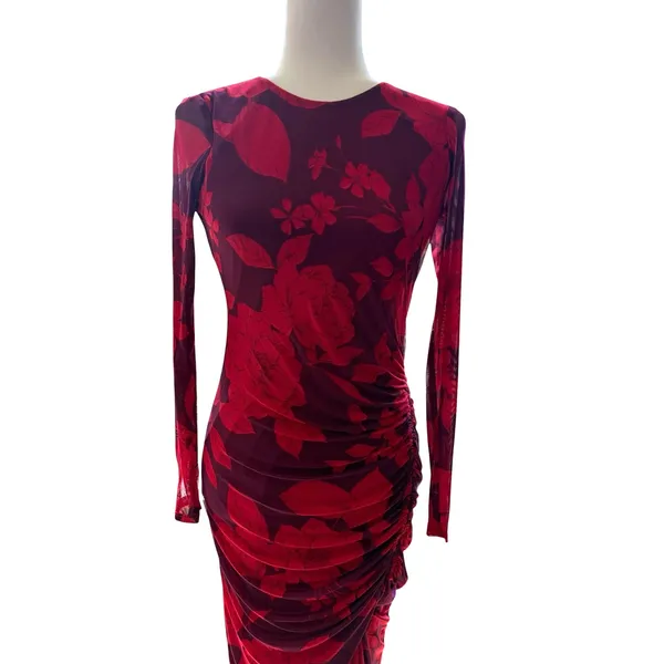 Taylor Women’s Purple/Red Long Sleeve Ruched Maxi Foral Dress, Size 4 - Image 7