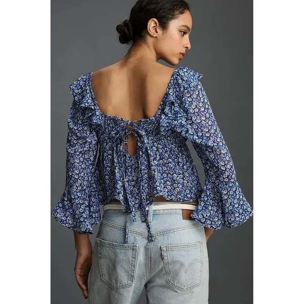 Anthropologie MAEVE Square Neck Sheer Babydoll Top Blue White Floral Large‎ - Image 8