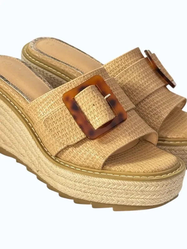 Chunky Wedge Raffia Espadrille Platform Slide Sandals With Tortoiseshell Buckle - Image 14