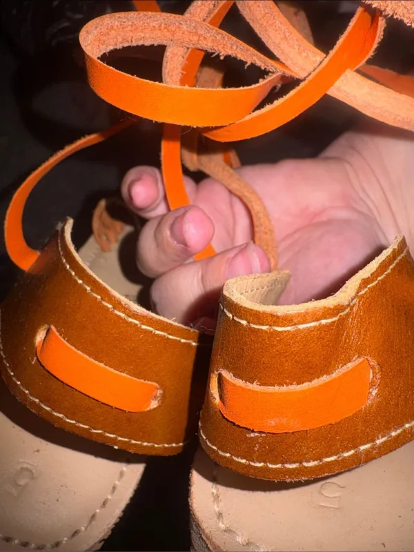 Paola Alexa mexican Brown Leather Floral Cutout Sandals with Orange Laces 8/9 - Image 10